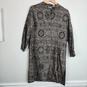 Chicos Womens Beaded Tapestry Medallion Duster Jacket Size 2 L Black Gold Boho